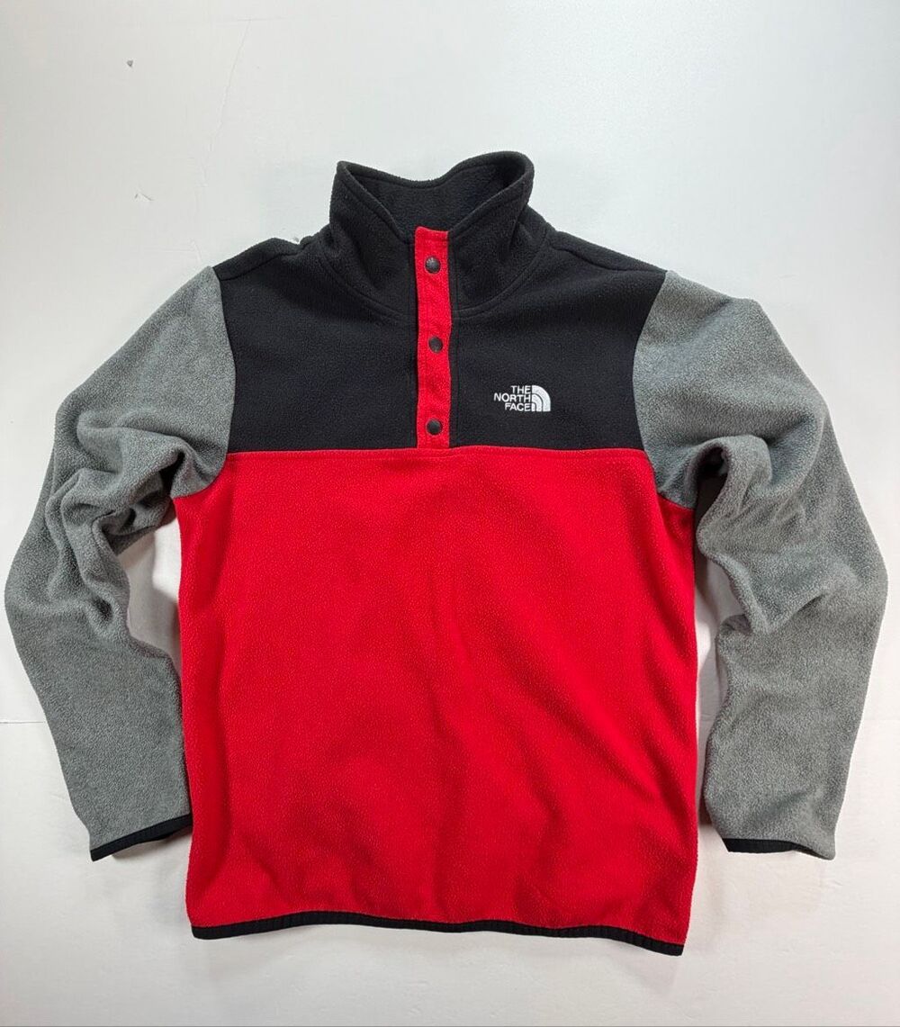The North Face Size L 14/16 Fleece Pullover Snap Neck Red Black Gray Colorblock